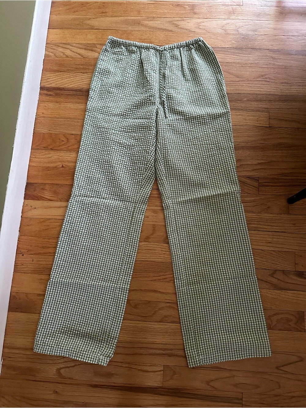Green Gingham Wide-Leg Pull-On Pants